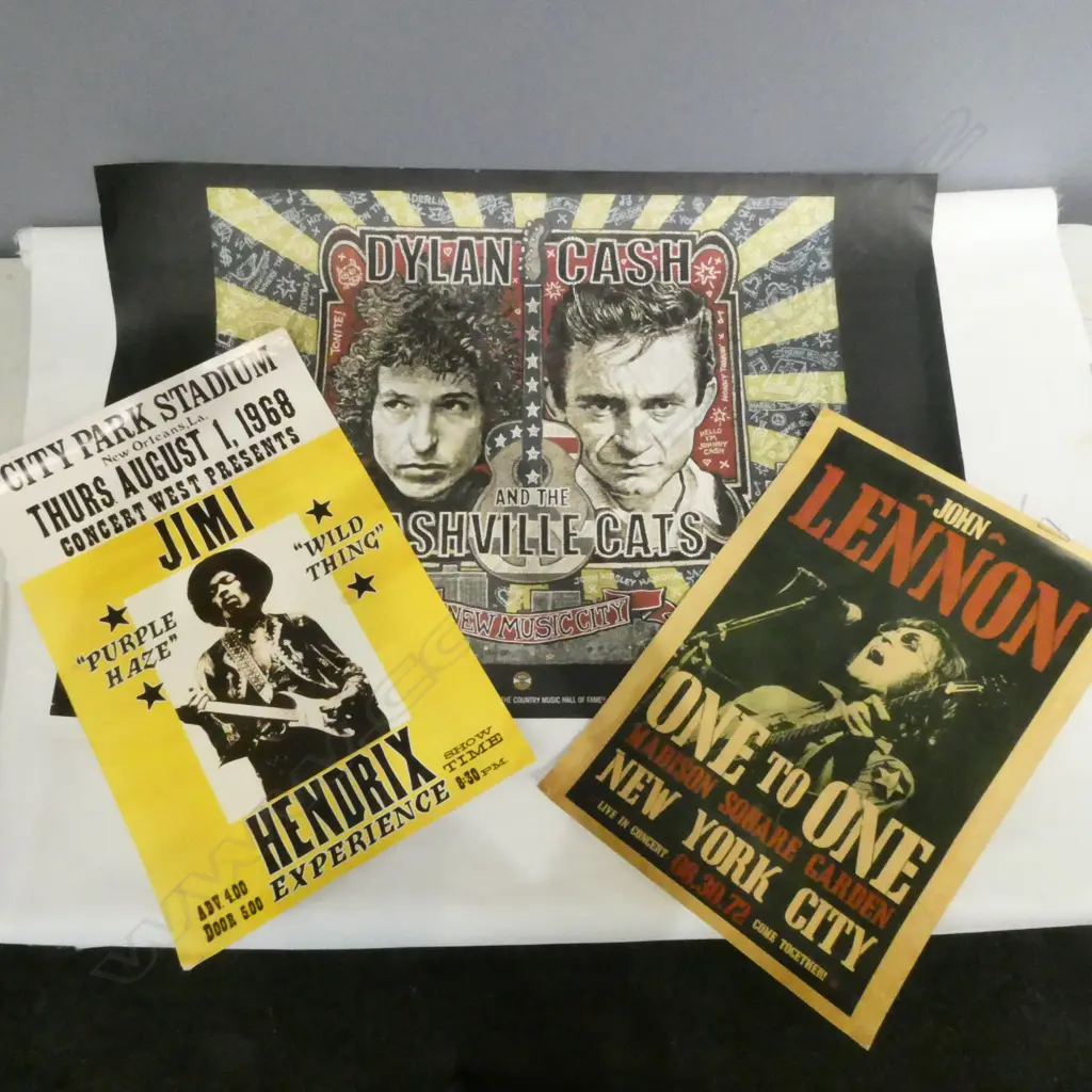 3 REPRO ROCK CONCERT POSTERS; JOHN LENNON, BOB DYLAN, JIMI HENDRIX 550x360mm Image 1++