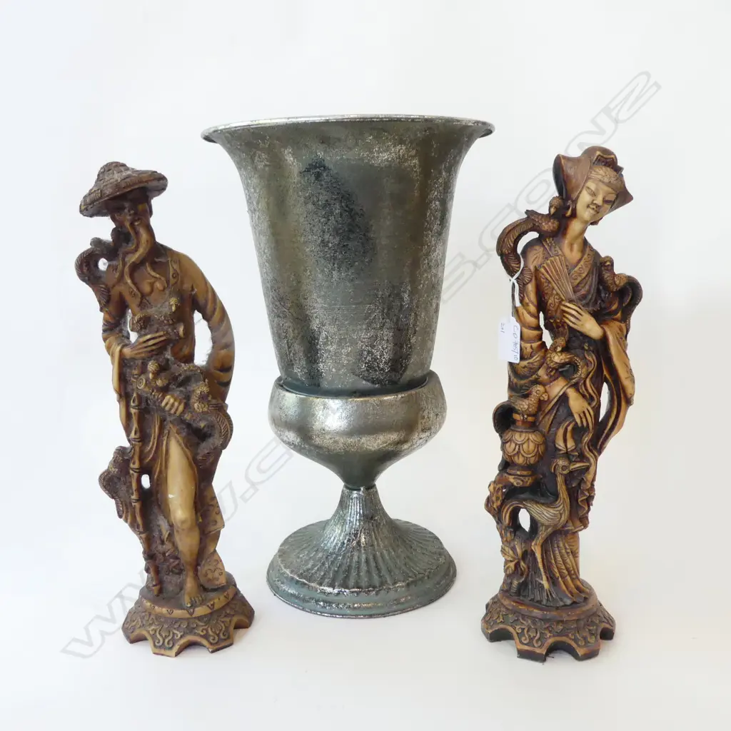 METAL VASE H.400mm + 2 ORIENTAL RESIN FIGURES Image 1++