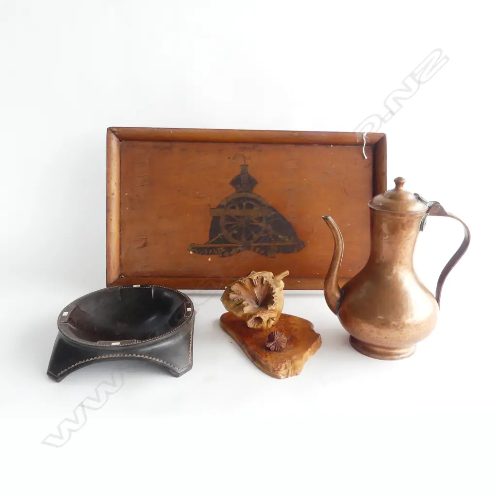 WOOD TRAY WITH  COPPER KETTLE H260MM DACTYLANTHUS  H110  & SOLOMON ISLAND  BOWL DIA200MM Image 1++