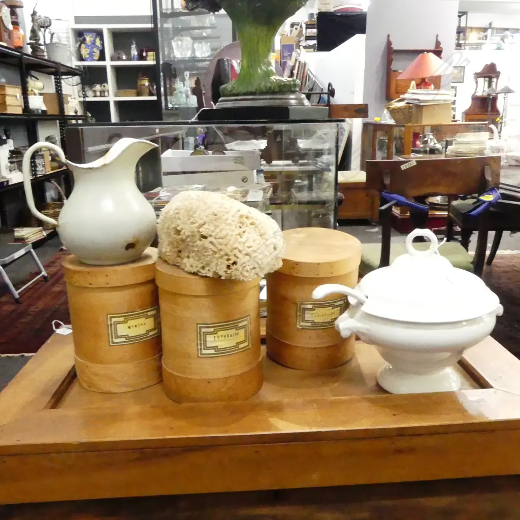 6 PCES; 3 PLY PHARMACY CONTAINERS H.235mm, SPONGE, TUREEN, ENAMEL JUG Image 1++