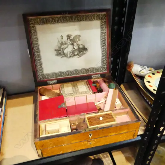 OLD WOODEN TUNBRIDGE WARE SEWING WORKBOX & CONTENTS, 280 x 230 x 100mm