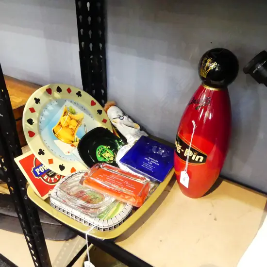 BAR + TOBACCO COLLECTIBLES INCL ASHTRAYS + TIN TRAY’S + KING PIN BAR PULL COVER ETC