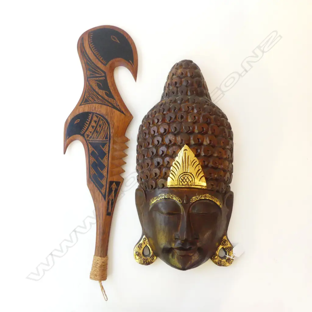 CARVED WOODEN BUDDHA HEAD H.515mm + PACIFIC CLUB L.660mm Image 1++