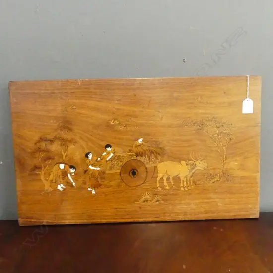 OLD INDIAN HARDWOOD INLAID PANEL (table top) farmers gathering wheat 355 x 610mm