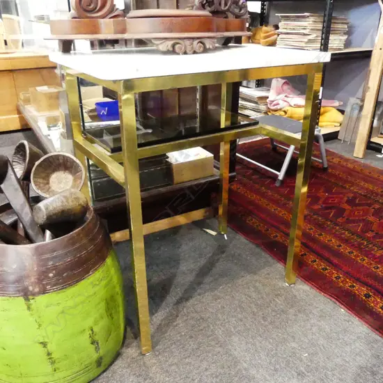2 TIER BRASS, GLASS & MARBLE TOP TABLE 610x460x730mm