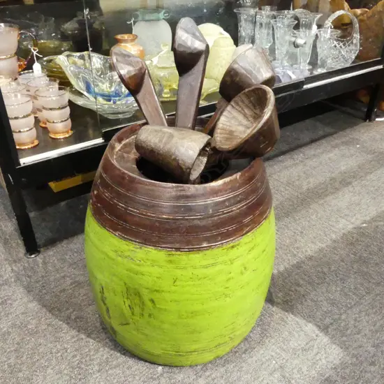5 WOODEN SPOONS & BARREL 