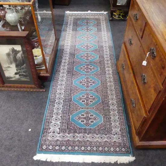 HAND KNOTTED WOOL PILE RUNNER - GREEN 2650x810mm