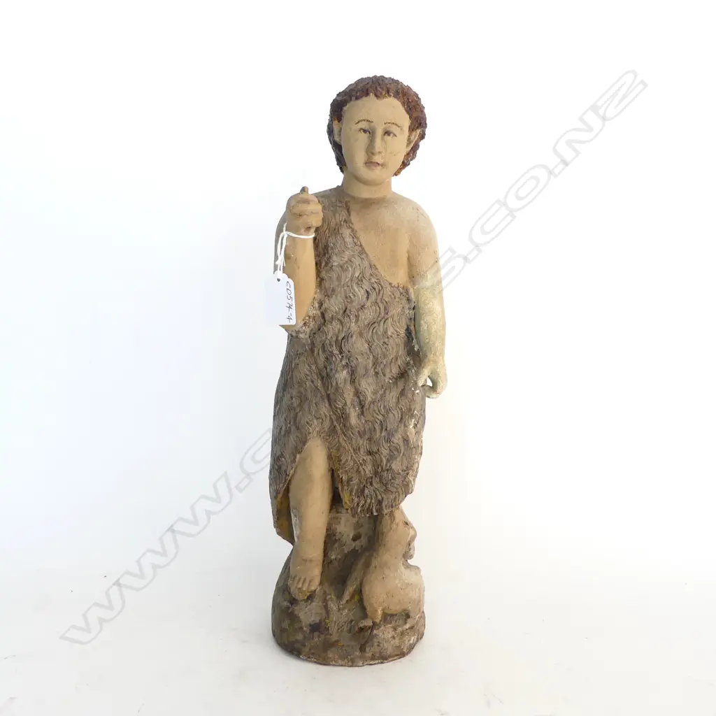 DISTRESSED VINTAGE PAINTED WOODEN RELIGIOUS STATUE DEPICTING JOHN the BAPTIST H.430mm Image 1++