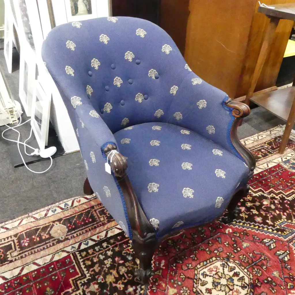 FRENCH WALNUT CARVED ARMCHAIR BLUE FABRIC COVERINGS H790 W600MM Image 1++