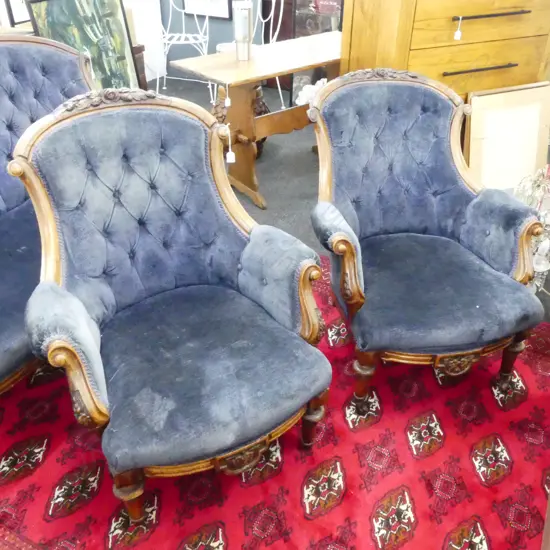 PR VICTORIAN ARMCHAIRS, BLUE VELVET UPHOLSTERY
