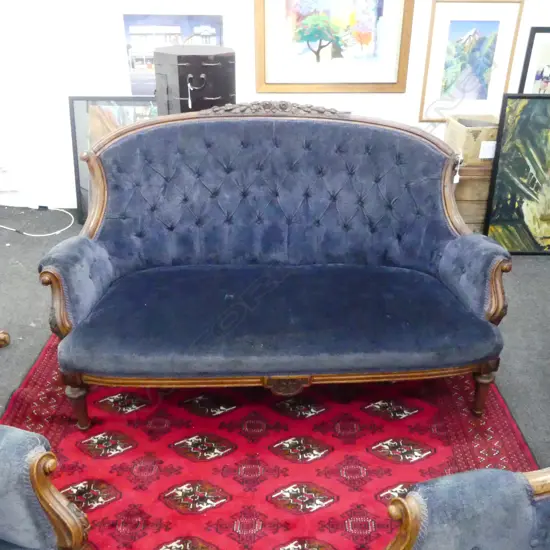 VICTORIAN SOFA, BLUE VELVET UPHOLSTERY