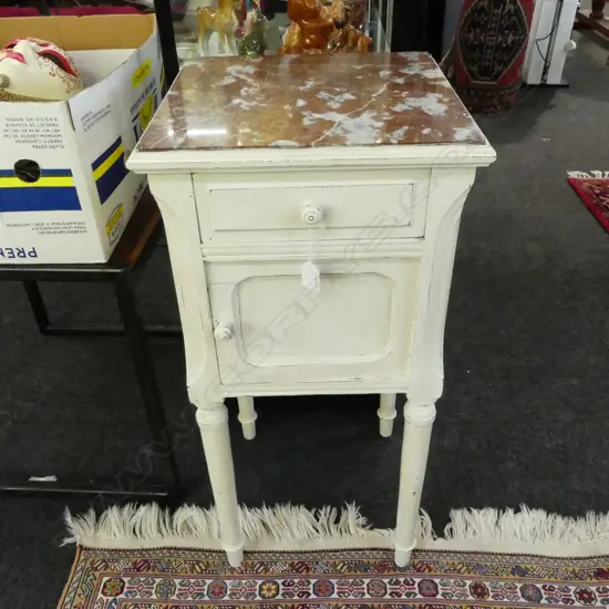 VINTAGE FRENCH WHITE PAINTED MARBLE TOP BEDSIDE CABINET 375x375x800mm