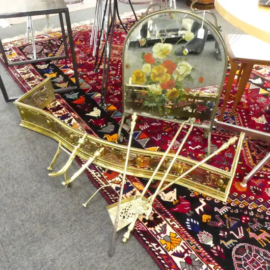 BRASS FIRE FENDER + TIDY SET, IRONS & GLASS FIRE SCREEN W.1210mm