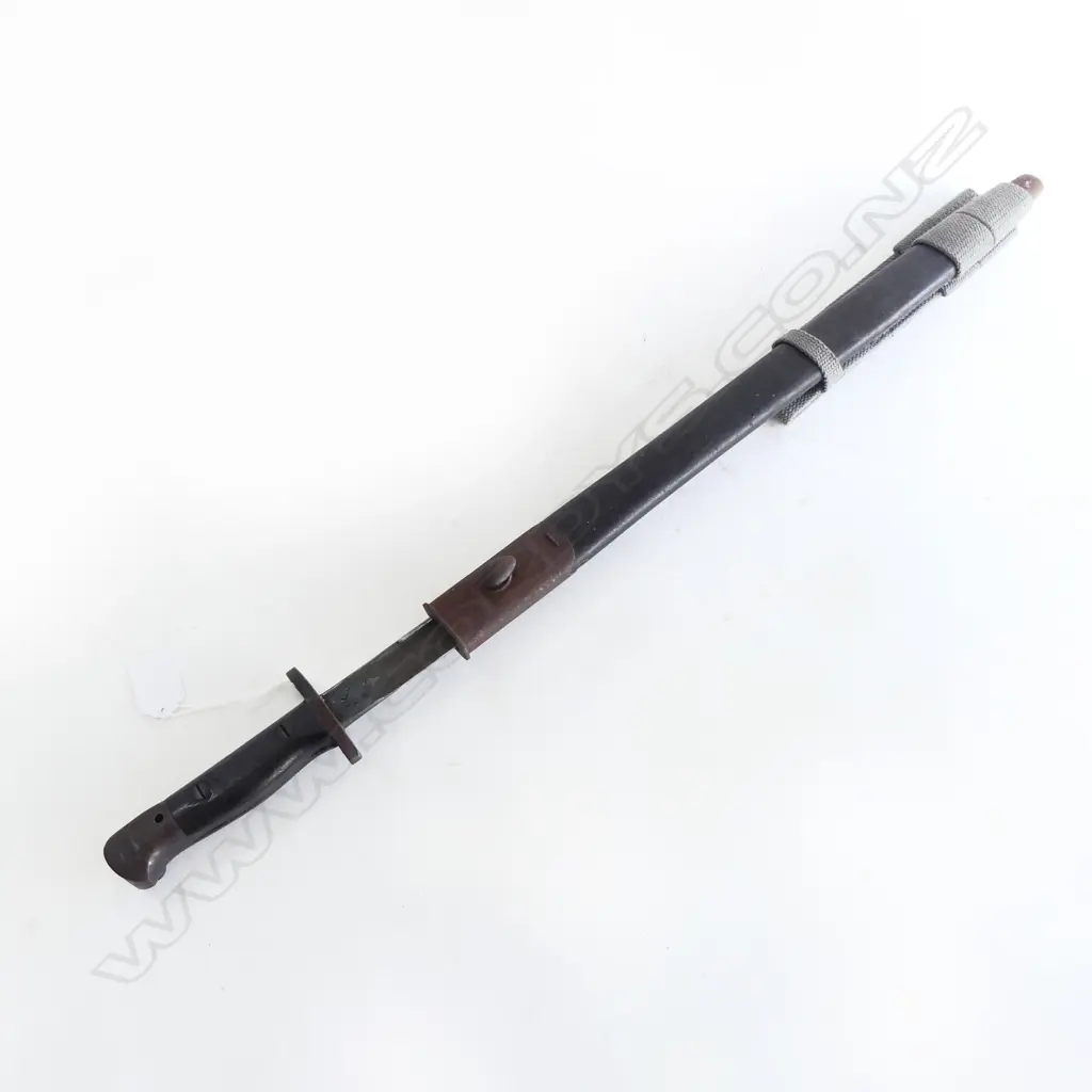 1907 MILITARY ISSUE OLD BAYONET IN SCABBARD W later canvas belt fitting Image 1++