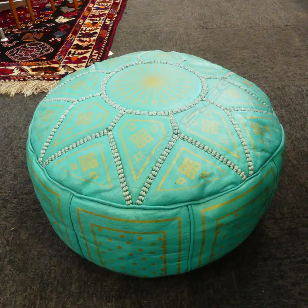 TEAL LEATHER POUF 420mm dia AF 1 SEAM LOOSE Image 1++