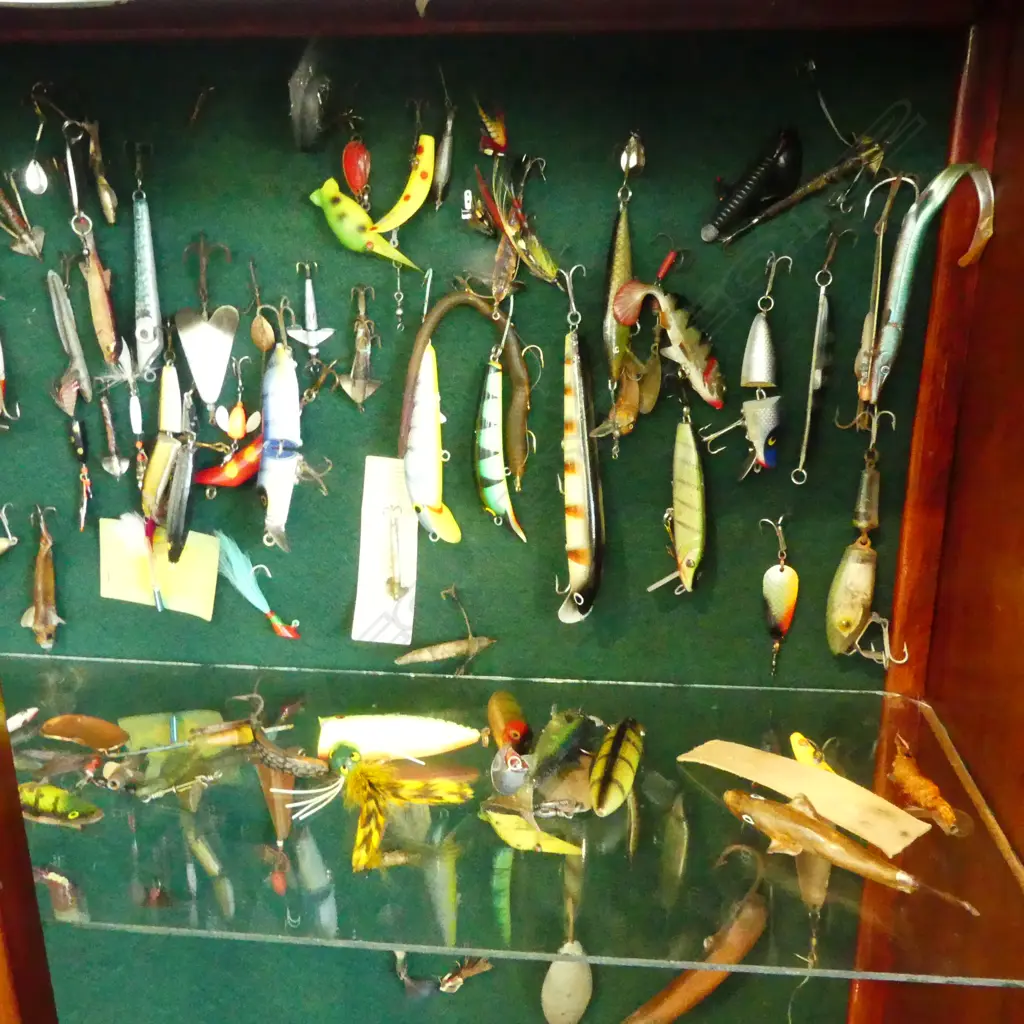 MAHOGANY FREESTANDING DISPLAY CABINET H1500 L780MM & CONTENTS COLLECTION  VINTAGE ETC FISHING LURES Image 1++