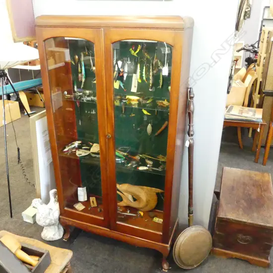 MAHOGANY FREESTANDING DISPLAY CABINET H1500 L780MM & CONTENTS COLLECTION  VINTAGE ETC FISHING LURES