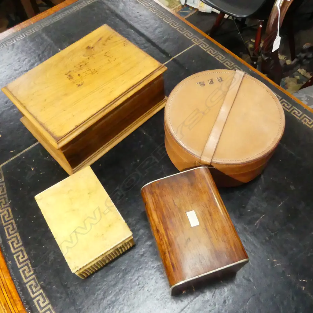 4 CONTAINERS; LEATHER COLLAR BOX 200mm dia, 2 WOODEN, 1 MARBLE Image 1++