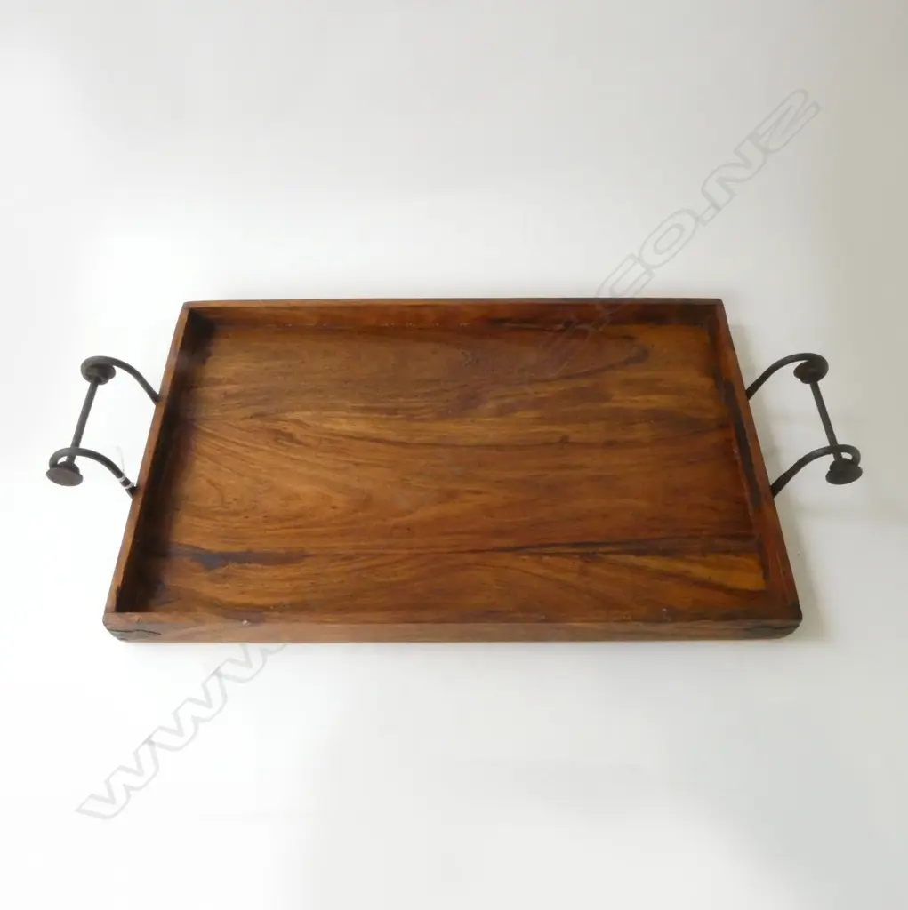 WOODEN BUTLERS TRAY WITH WROUGHT IRON HANDLES, L.540MM W.340MM Image 1++