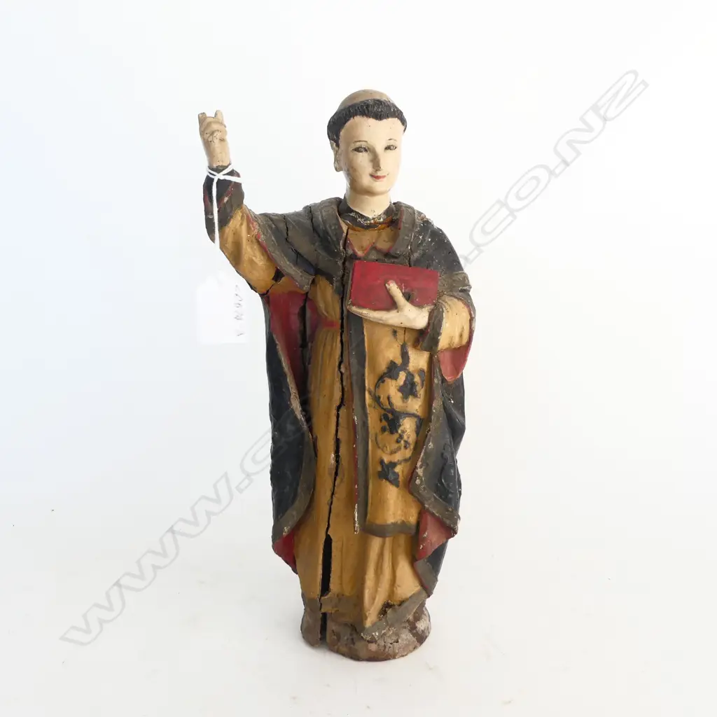 DISTRESSED VINTAGE PAINTED WOODEN RELIGIOUS STATUE DEPICTING ST VINCENT H.320mm Image 1++