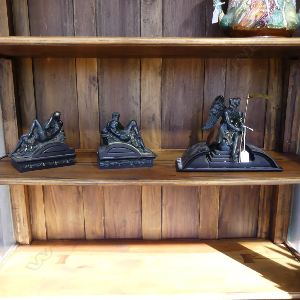 3 VICTORIAN CLASSICAL BRONZE FIGURES (from a large clock) Biblical angel carrying scythe etc Image 1++