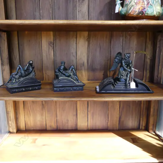 3 VICTORIAN CLASSICAL BRONZE FIGURES (from a large clock) Biblical angel carrying scythe etc