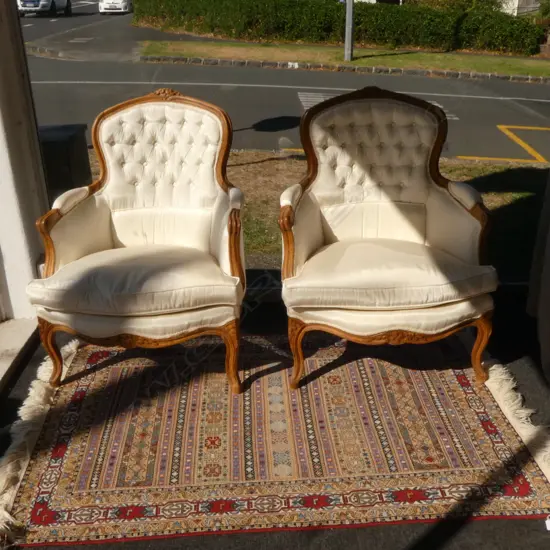 PR FRENCH STYLE CHAIRS, WHITE SATIN UPHOLSTERY