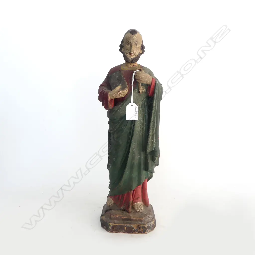 DISTRESSED VINTAGE PAINTED WOODEN RELIGIOUS STATUE DEPICTING ST PETER H.440mm Image 1++