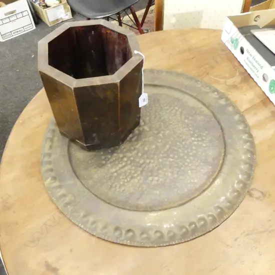 OCTAGONAL WOODEN CONTAINER H.205mm + BRASS TRAY 510mm dia