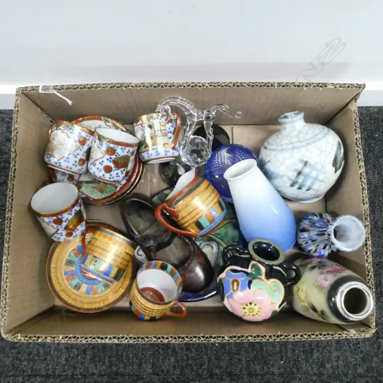 BOX OF SMALL VASES COFFEE CANS GLASS PAPER WIEGHT ETC