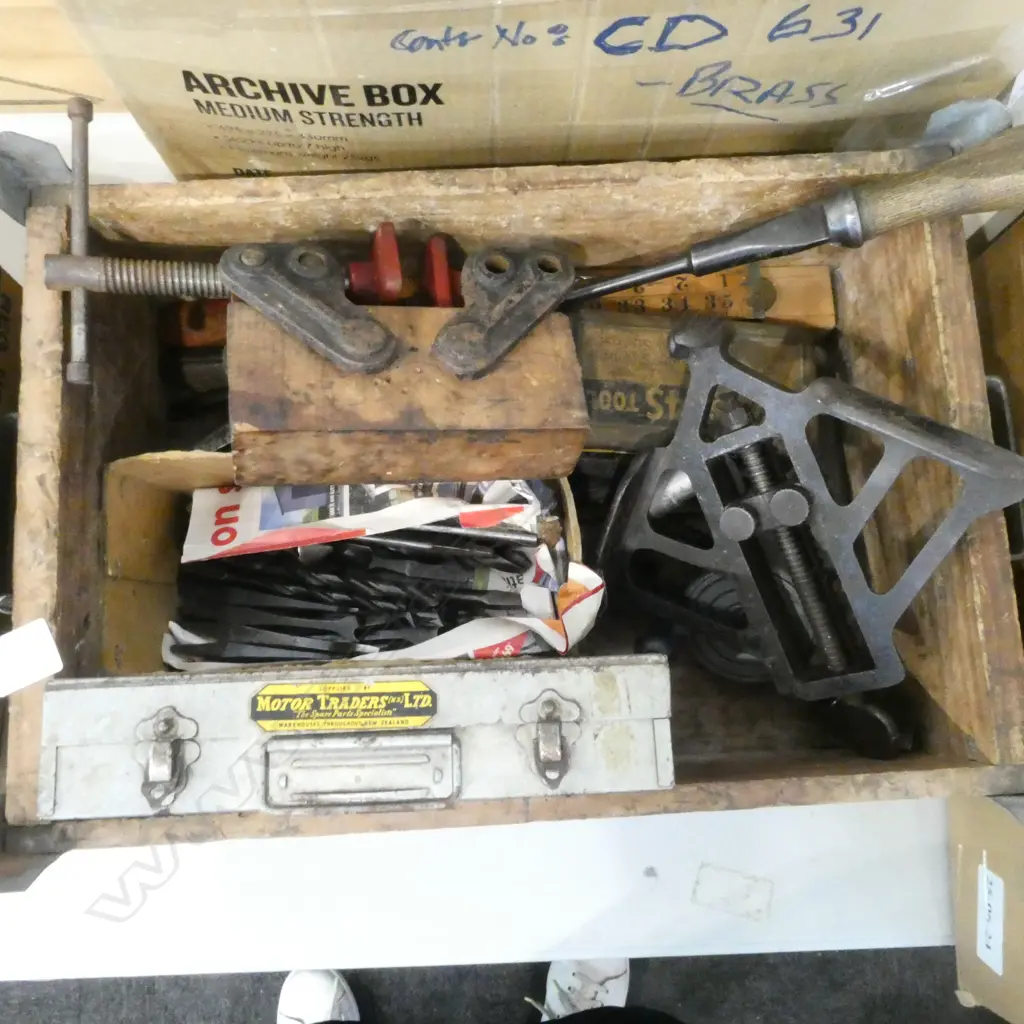 OLD WOODEN CRATE w. ASST. DRILL BITS, VINTAGE TOOLS etc Image 1++