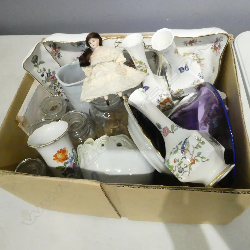 ASST. AYNSLEY CHINA, REPLICA GERMAN DOLL, GLASS JARS, etc Image 1++