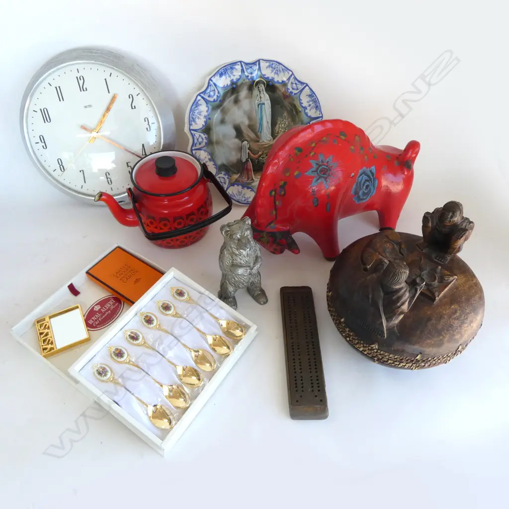 BOXED SET ROYAL ALBERT TEASPOONS, VINTAGE RED ENAMEL TEAPOT, METAL BEAR MONEY BOX, YSL MIRROR, HERMES SCARF CARDS etc Image 1++