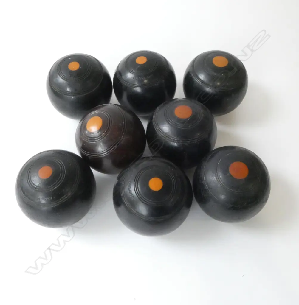 8 INDOOR WOODEN BOWLING BALLS – 6 STAMPED A.J.S. BROWN & CO AUCKLAND  Image 1++