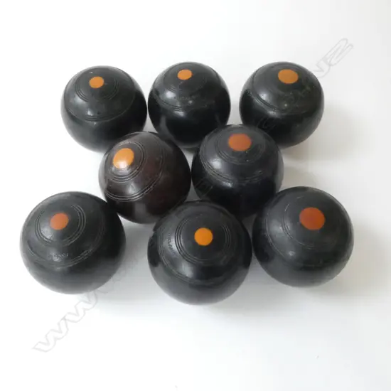 8 INDOOR WOODEN BOWLING BALLS – 6 STAMPED A.J.S. BROWN & CO AUCKLAND 