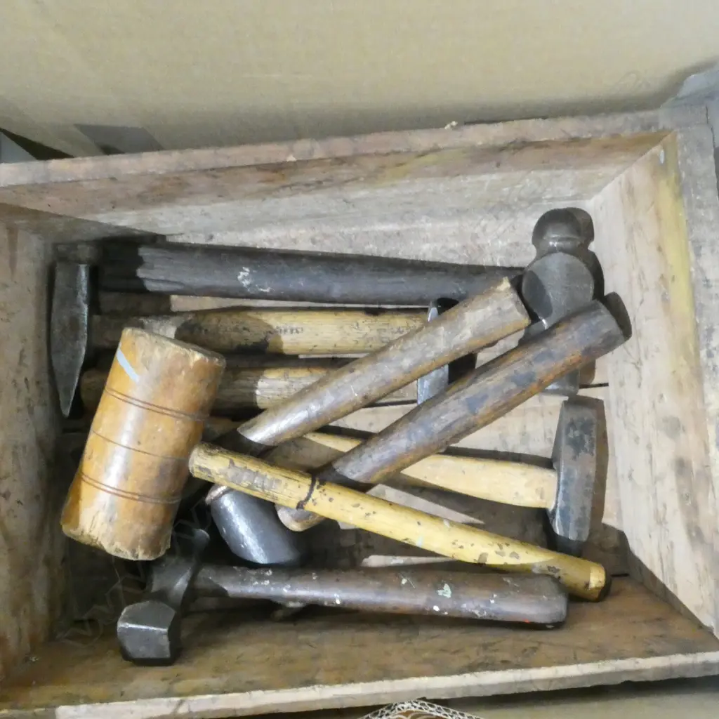 OLD WOODEN CRATE w. 6 ASST. HAMMERS & 2 MALLETS Image 1++