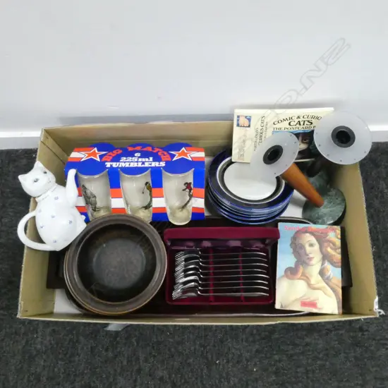 BOX LOT RETRO GLASSES CANDLESTICKS ARABIA DISHES CUTLERY ETC