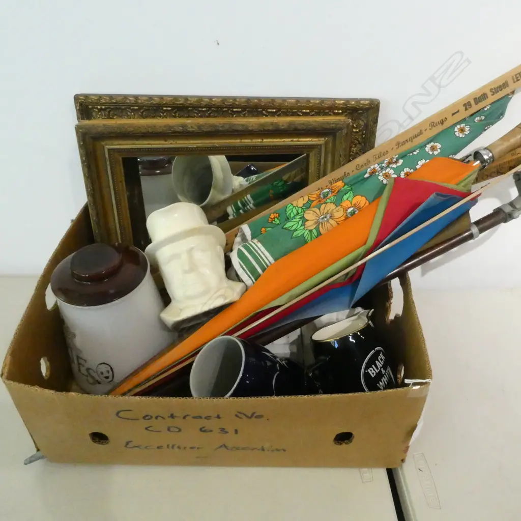 2 UMBRELLAS, WOODEN RULERS, GILT FRAME & MIRROR, CHURCHILL TOBY AF ETC Image 1++