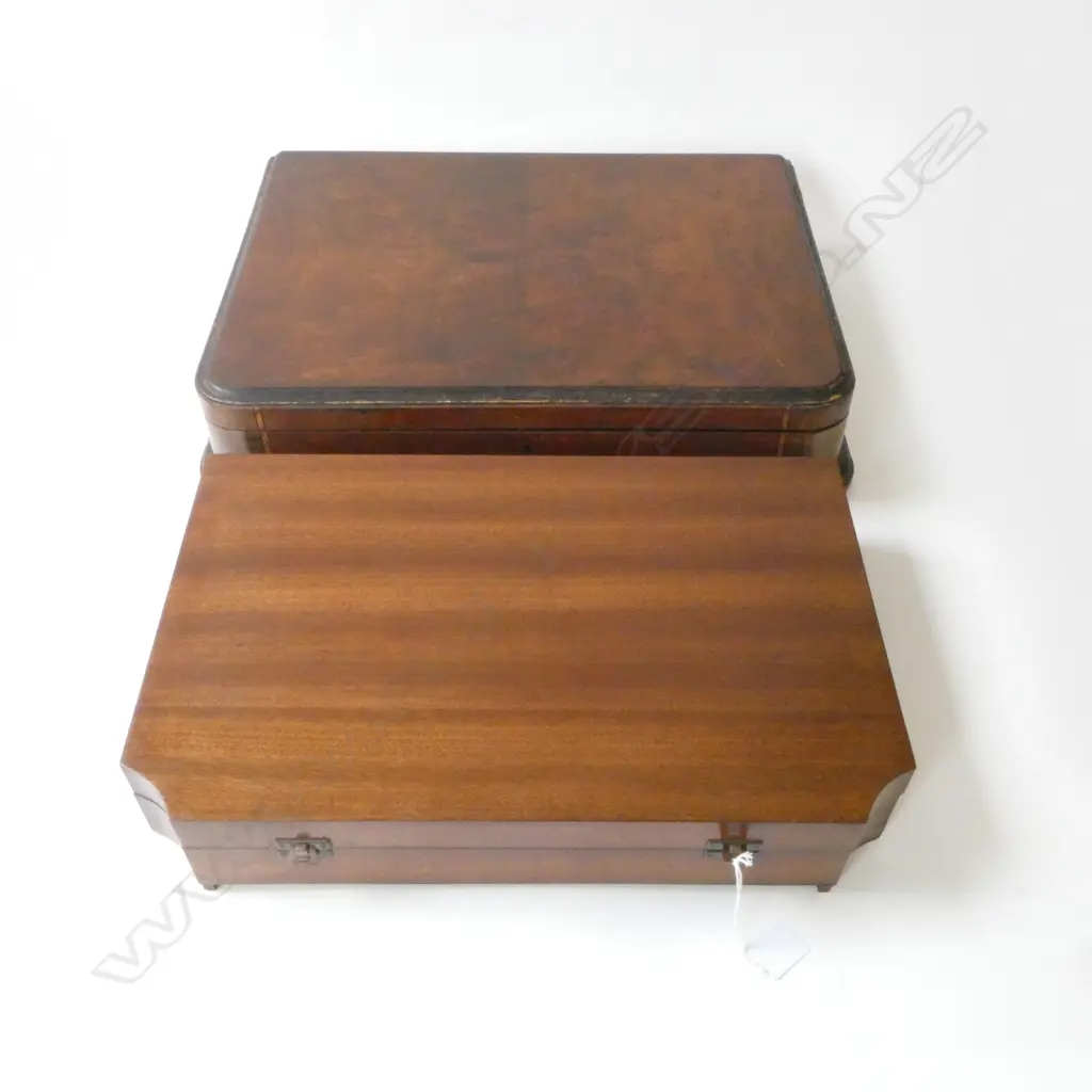 TWO WOODEN CANTEEN BOXES WALNUT & MAHOGANY, L.480MM & L.440MM Image 1++