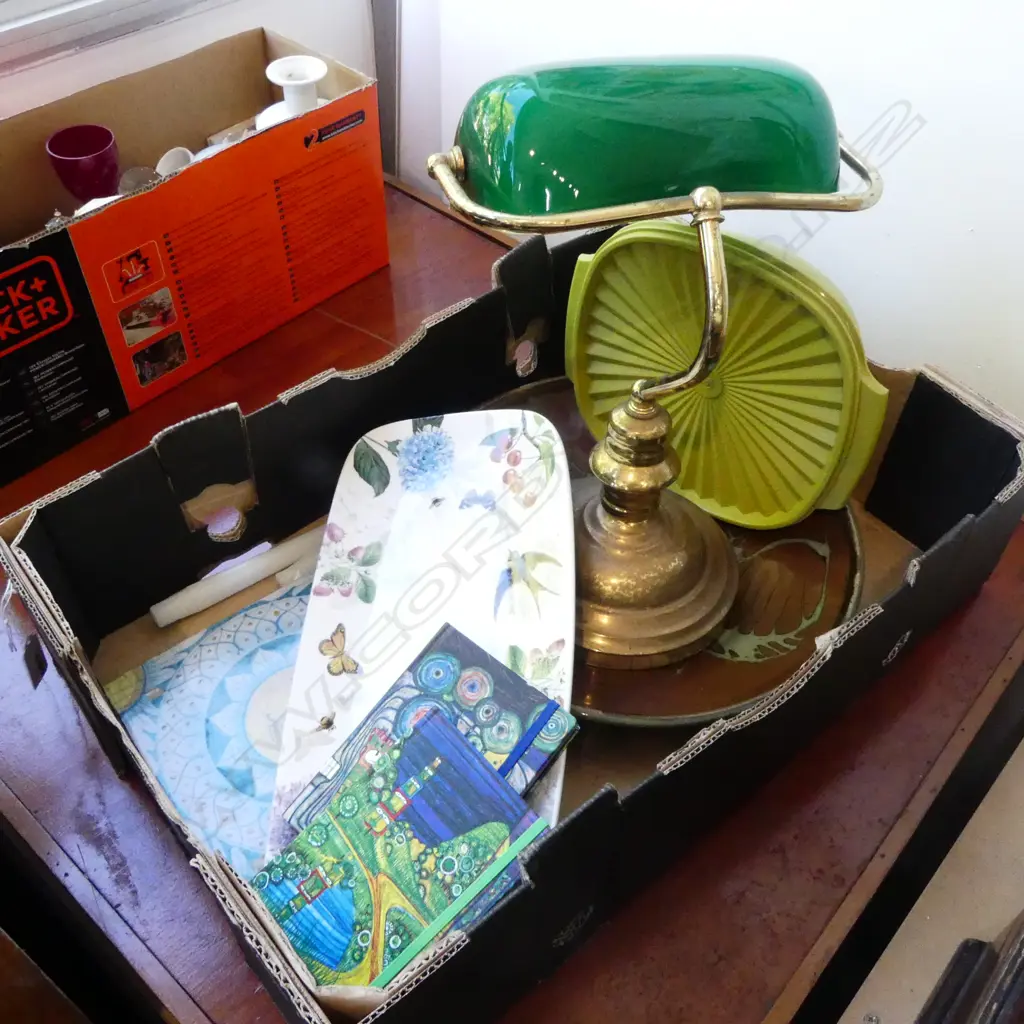 BANKERS LAMP (NEEDS REWIRING), TILE, PLATTERS, & HUNDERTWASSER DIARIES  Image 1++