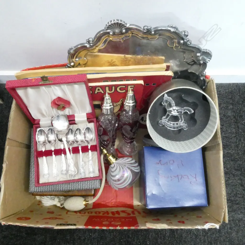 CASED CUTLERY, EP SALVER, 3 MINHINNICK CARTOONS, SWAROVSKI ROCKING HORSE BOXED, PERFUME BOTTLE ETC Image 1++