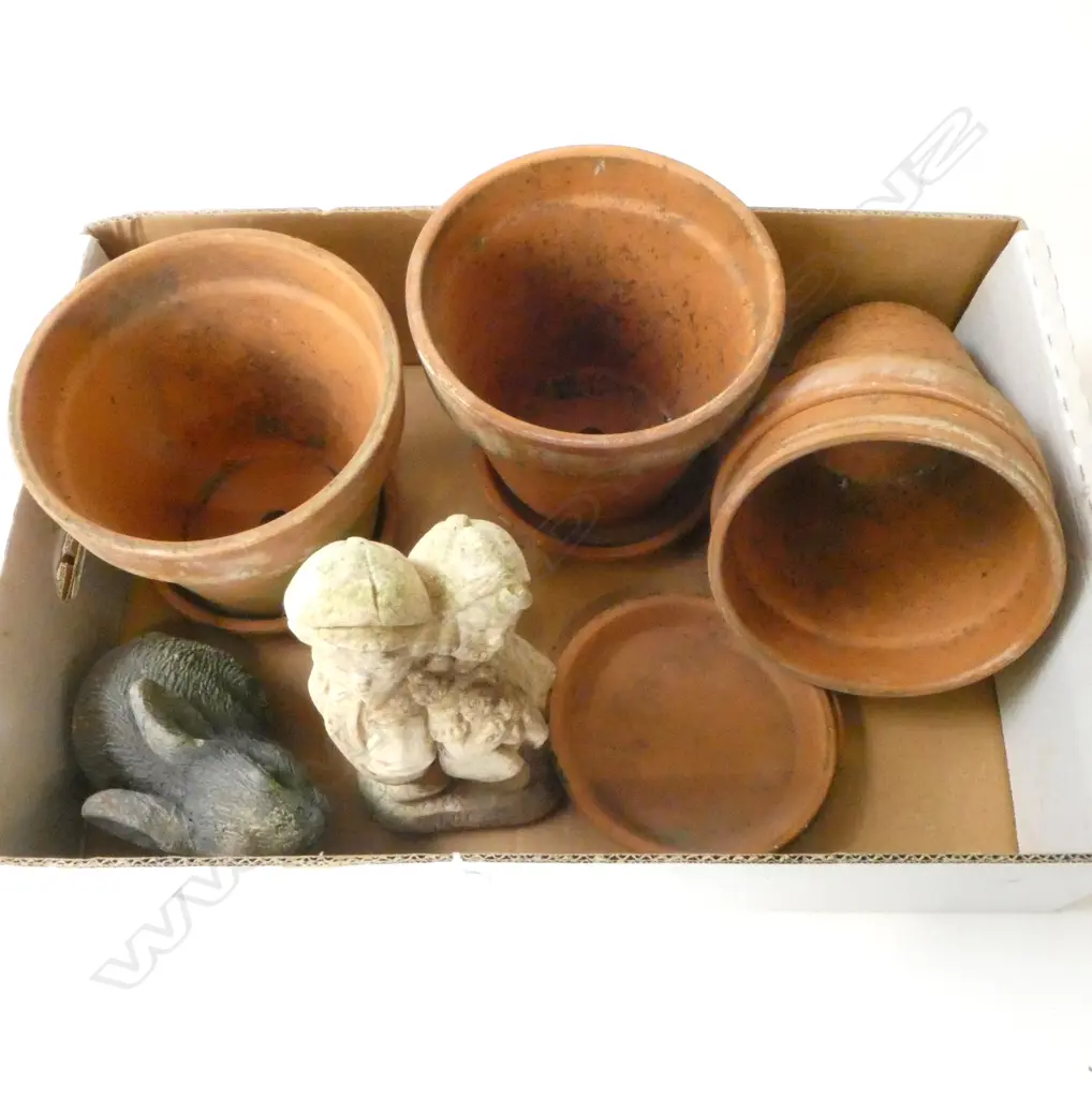 CONCRETE GARDEN RABBIT & STATUE, AND 4 TERRACOTTA POTS & SAUCERS  Image 1++