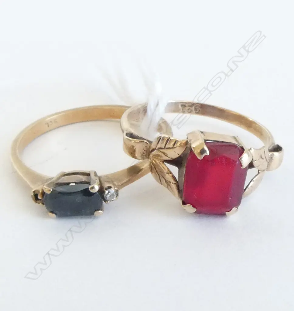 2 9ct YELLOW GOLD RINGS; SAPHIRE/DIAMOND (1 DIAMOND MISSING) SIZE N, RED STONE SIZE K, 2.9gms Image 1++