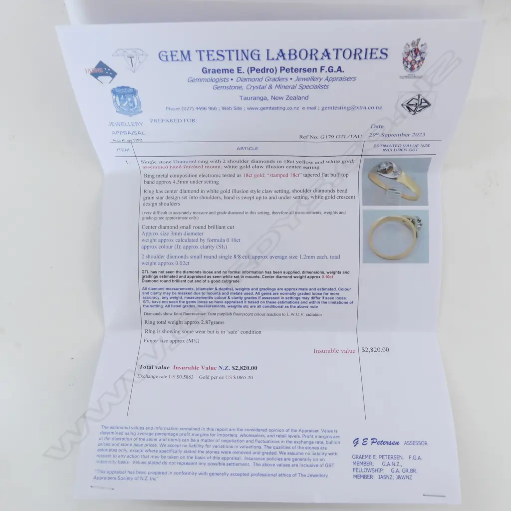 18CT DIAMOND RING w. VALUATION, 2.8grms SIZE N Image 1++