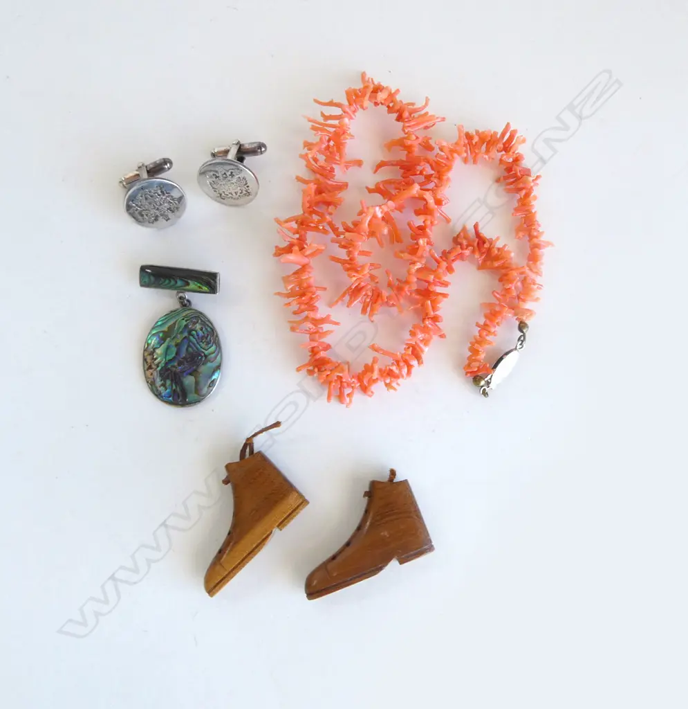 MEDITTERANEAN CORAL NECKLACE + PR SILVER ARMORIAL CUFFLINKS + PR WOODEN mini shoes + silver paua brooch Image 1++