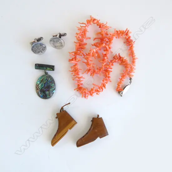MEDITTERANEAN CORAL NECKLACE + PR SILVER ARMORIAL CUFFLINKS + PR WOODEN mini shoes + silver paua brooch