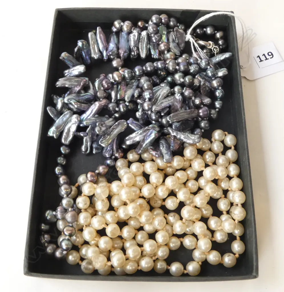 3  NECKLACES INCLD;  FAUX PEARL,STRING OPERA LENGTH BAROQUE GREY FRESHWATER PEARLS Image 1++