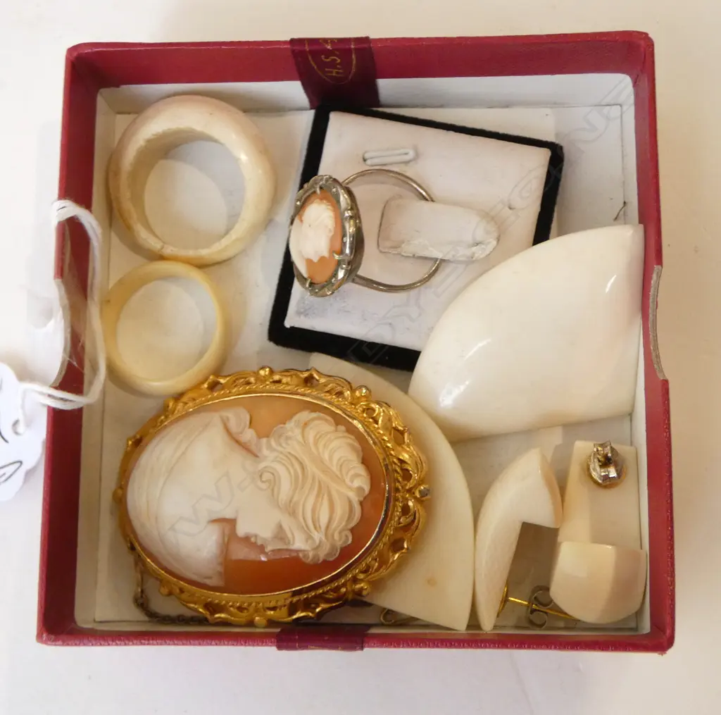 ROLLED GOLD CAMEO BROOCH, SILVER & MARCASITE CAMEO RING & IVORY RINGS/EARRINGS Image 1++