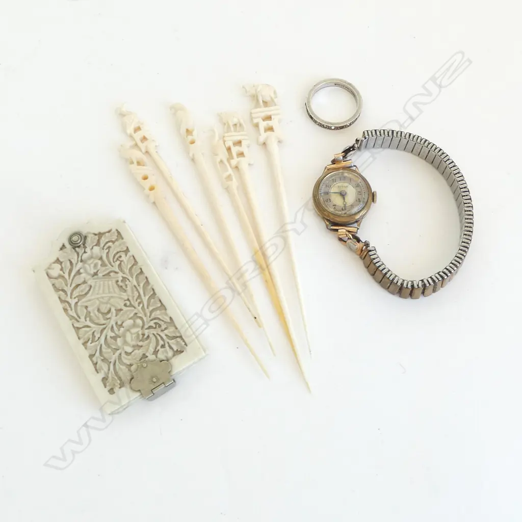 GP WATCH, STG RING, 6 IVORY COCKTAIL STICKS, DANCE CARD Image 1++