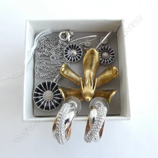 SILVER SUNFLOWER PENDANT NECKLACE & MATCHING EARRINGS + PR SWAROVSKI EARRINGS + GILT ORCHID PENDANT